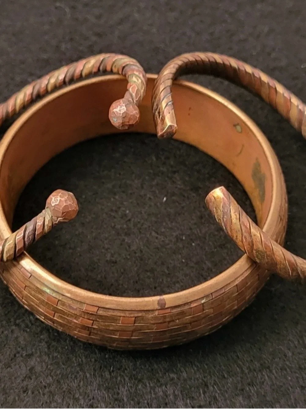 Vintage Copper bracelet lot of 2 Twist cuff Bracelets & a Woven Bangle 3 total